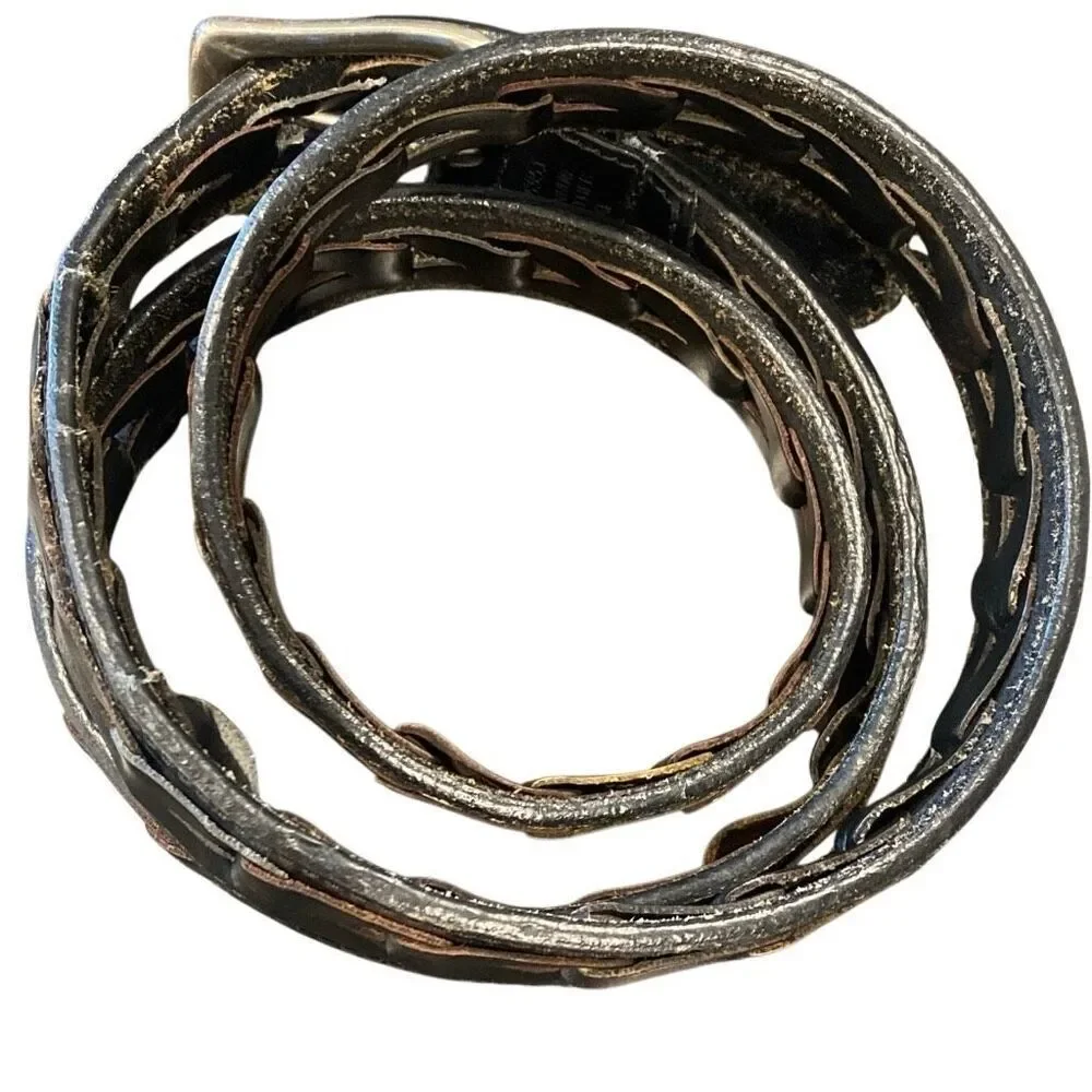 Vintage Western Black Cut-Out Leather Belt Chevron Pierced Design Women’s XL